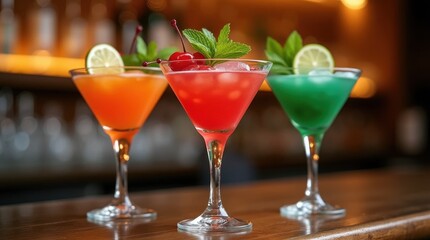 Three Martinis: Vibrant Cocktails with Garnishes