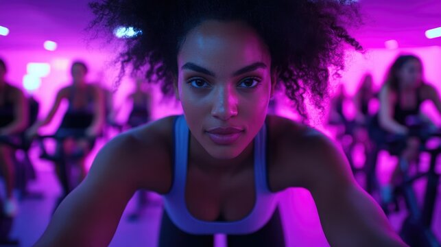 Engaging in an energetic spin class with vibrant lighting in a modern fitness studio