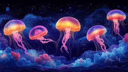 Fototapeta premium A school of glowing jellyfish drifting in the dark ocean, surreal and luminous scene 