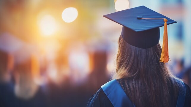 Graduate wearing gown and mortarboard attending graduation ceremony, copy space