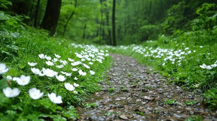 Forest path lined with white flowers after rain. Use Nature background