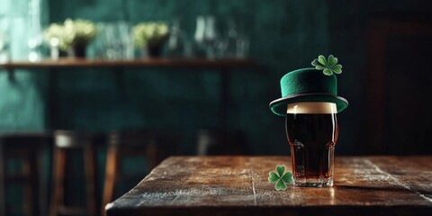 St. Patrick's Day background with a green hat and beer on a wooden table, with copy space for text, bokeh lights, and a festive concept