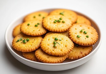 Crispy Golden Snack Crackers Garnished with Fresh Green Herbs on a White Plate for Culinary Delight and Snack Inspiration
