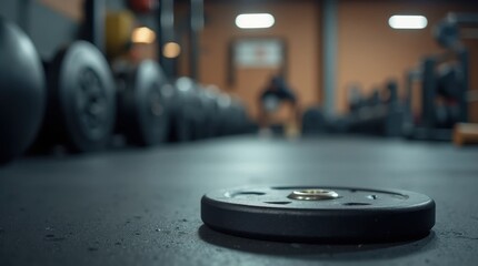 Fototapeta premium Close-Up of a Black Weight Plate on a Gym Floor