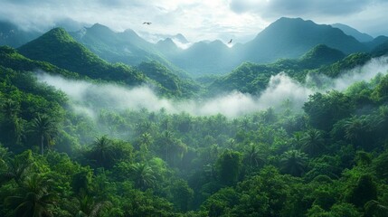 Obraz premium Misty Tropical Forest with Foggy Mountains. Generative AI