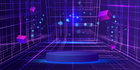 VR game arena with podium. Virtual Reality gamer studio in neon style background. Ai digital interior. Futuristic vector illustration. © SidorArt
