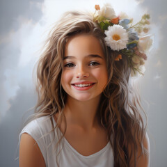 Smiling Girl Holding with a Bouquet of Colorful Flowers in her hair. International Day of Happiness. Mother's Day. 