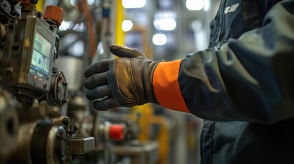 A closeup of a workers hands equipped with smart gloves displaying data and updates in real time skillfully navigating the operation of a complex machine on the factory floor.