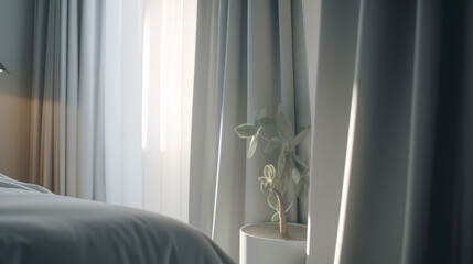 A close-up of a guest room seating area 