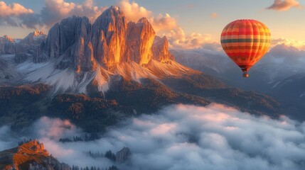 Hot air balloon soaring over stunning mountain landscape at sunset. Generative AI