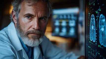 Medical professional analyzing scans in a modern healthcare facility during evening hours