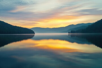 Fototapeta premium Serene Lake at Sunrise with Mountain Reflection