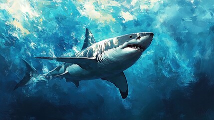 A great white shark swimming near the ocean surface, powerful and graceful, intense blue water 