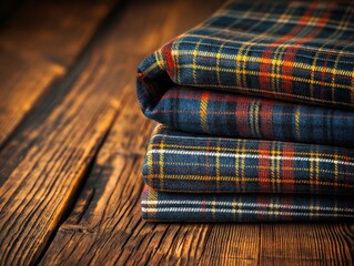 Assorted stack of neatly folded plaid shirts on a rustic wooden table in a well-lit room, showcasing various patterns and colors a stack of plaid shirts on a wooden table