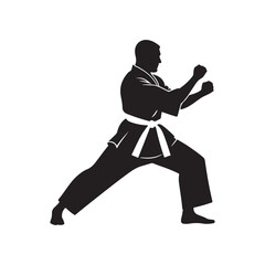silhouette, martial artist, karate stance, dynamic pose, black and white