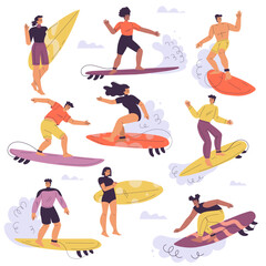 Obraz premium Man and Woman Surfer with Surfboard Ride Ocean Wave Vector Set