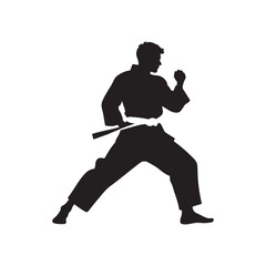 silhouette, martial artist, karate stance, dynamic pose, black and white