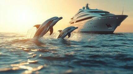 Dolphins gracefully leap from the ocean near a luxury yacht during a vibrant sunset