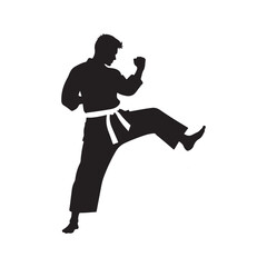 silhouette, martial artist, karate stance, dynamic pose, black and white