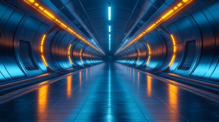 Futuristic metallic tunnel illuminated with neon lights. Generative AI
