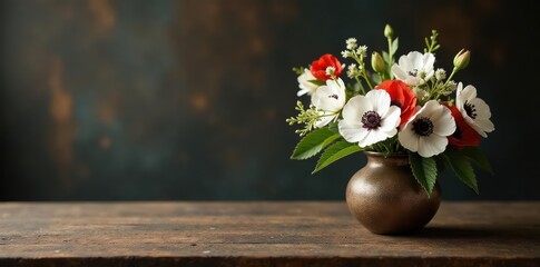 White poppy centerpieces on a dark wooden table, poppies, flowers, country