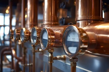 Copper pipes and pressure gauges measuring industrial process