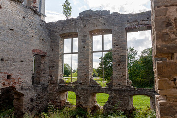 Fototapeta premium Ruin of Historic Castle in Lush Green Field Under Clouded Sky