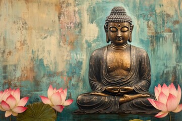 Serene Buddha in Meditation Surrounded by Lotus Flowers