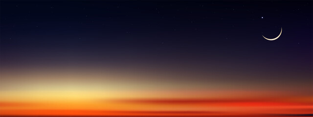Islamic Background,Night Sky Crescent Moon,Star on dark purple twilight after sunset sky,Vector symbol islamic religion Eid al Adha,Eid al fitr,Mubarak,Islamic new year Muharram,Ramadan Kareem © Anchalee