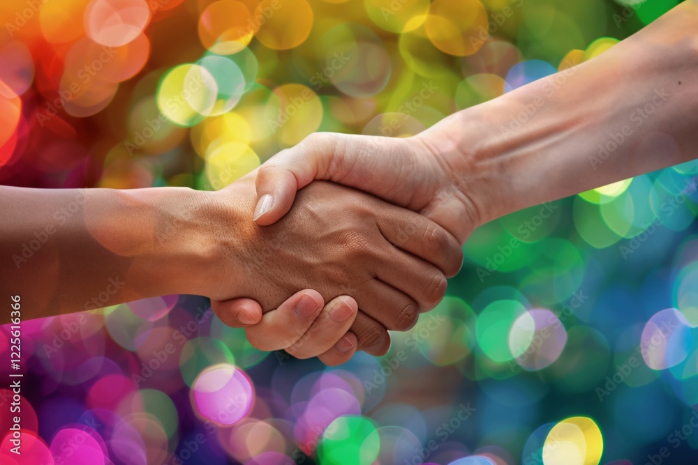 Poster two people shaking hands with a colorful background symbolizing diversity and inclusion