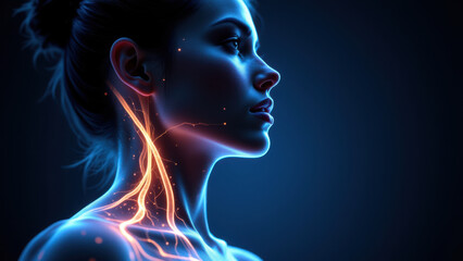 A woman with a visualization of her vagus nerve system superimposed on her neck and chest. The image showcases the complexity and beauty of human anatomy.