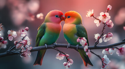 A pair of colorful lovebirds perched on a tree branch