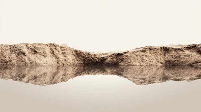 Serene landscape featuring a calm body of water reflecting a distant rocky formation under soft light