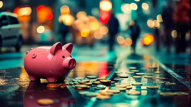 Pink piggy bank on wet city street at night, sparkling lights. Piggy bank surrounded by scattered coins, reflecting city lights. Object represents saving in an urban setting. Evening rain adds a