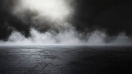 Abstract black background with fog and mist for product presentation, dark gray floor, empty space, smoke