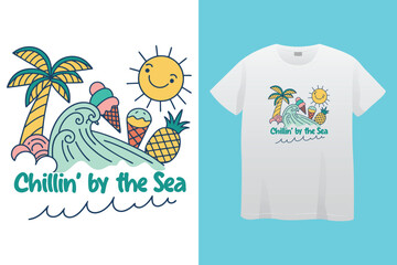 Colorful summer t-shirts on display at a vibrant store during sunny days.