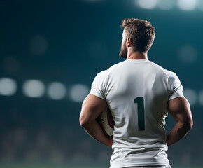 A team captain standing at midfield, holding the football tightly as he prepares to lead his team onto the field.


