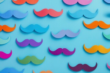 Colorful Mustaches in a Vibrant Display on Blue Background