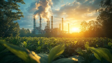 Fototapeta premium Sunset Over Industrial Plant Nature and Industry. Generative AI