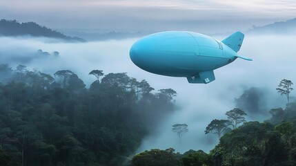 Airship Soaring Above Misty Rainforest