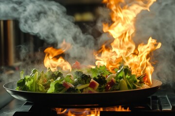 Fototapeta premium Vibrant Mix of Fresh Vegetables Sizzling in Pan