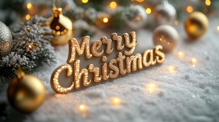 Winter holiday scene with golden Christmas decorations and glowing lights. Generative AI