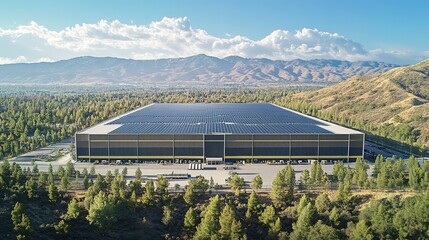 An aerial view of the entire warehouse, showcasing its large size and modern architecture with solar panels on top.