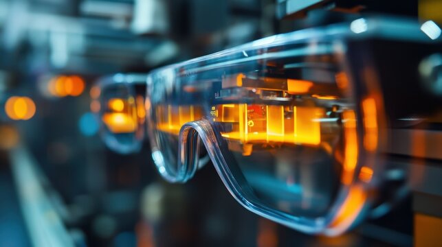 A closeup of AR glasses displaying warning signals for excess waste production on a manufacturing line allowing for immediate corrective actions to minimize resource waste.