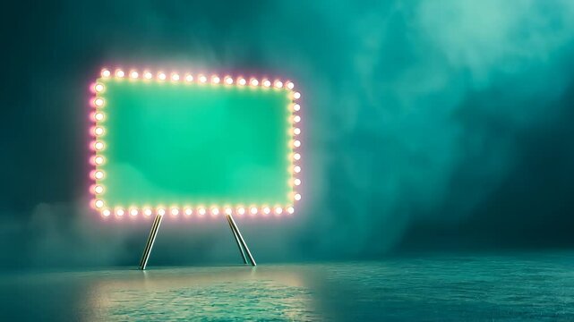 Retro Cinema Marquee Sign Illuminated with Lights in Smoky Atmosphere Background for Vintage Film Theme Design