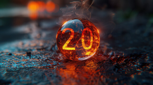 3D, gradient semi transparent glass melt, 3D number "20", edges, gradient, red glow, floating in mid air, emitting light from it. The background is black.