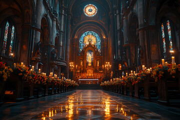 Fototapeta premium A serene church interior on Ash Wednesday, illuminated by soft light, exuding peace and spirituality