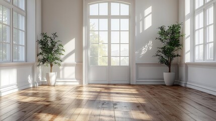 Obraz premium Elegant Room with Tall Windows and Potted Plants. Generative AI