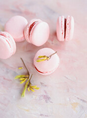 Delicate pink macarons arranged elegantly with spring flowers on a pastel surface