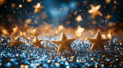 Golden Sparkling Stars over Glittering Blue and Gold Background. Generative AI